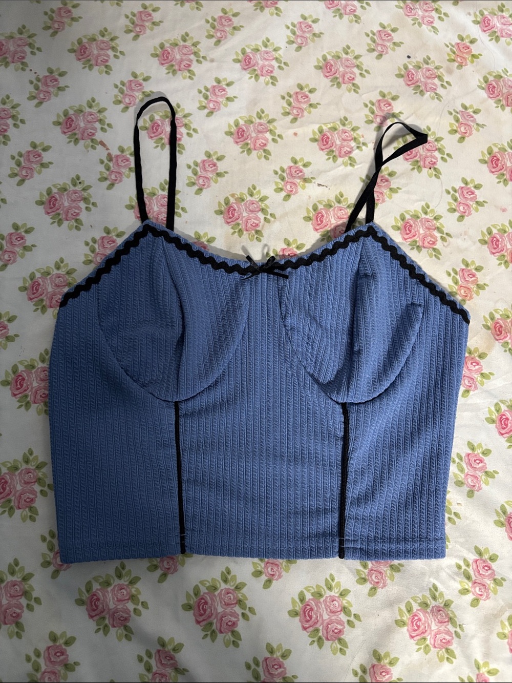 ROMWE Periwinkle Blue Ribbed Bustier Crop Top with Black Trim 🎀